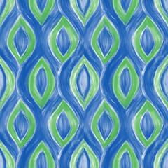 Abstract hand drawn seamless pattern. Green blue oil painting ethnic textile pattern.