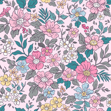 Vintage seamless floral pattern. Liberty style background of small  pink flowers. Small flowers scattered over a white background. Stock vector for printing on surfaces. Realistic flowers. 