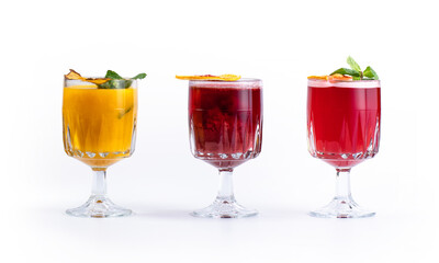 Set of various hot exotic teas in glass on white background