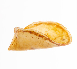 Thin pancake isolated on white background
Falling thin pancake in the air.
Food levitation
