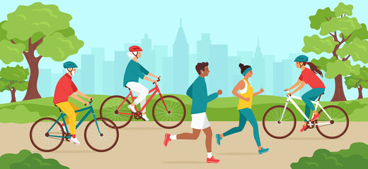 Park activities. Elderly and young men and women of different nationalities, in sportswear, jogging or cycling. Outdoor sports training for cyclists and runners. Healthy lifestyle. Vector illustration