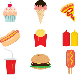 Set of nine vector fast foods including an ice cream, cupcake or muffin, hotdog, burger, pizza, two sauces and a soda drink. 