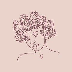 Modern abstract faces with flowers. Minimalism concept. Line art drawing style. Contemporary silhouette of woman. Hand drawn trendy vector posters, illustrations for print.