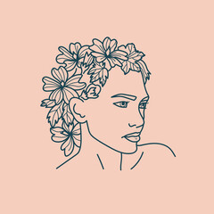 Modern abstract faces with flowers. Minimalism concept. Line art drawing style. Contemporary silhouette of woman. Hand drawn trendy vector posters, illustrations for print.