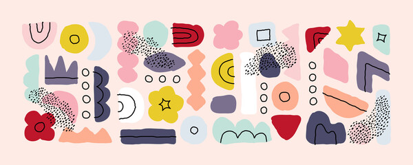 Set of abstract hand drawn doodle objects and various organic shapes. Modern collage for pre-made poster print or greeting card. Contemporary multicolored vector illustration. Editable stroke