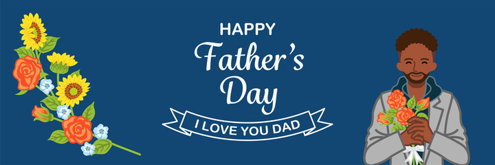 African ethnic man holding rose bouquet - Father's day design template, banner ratio