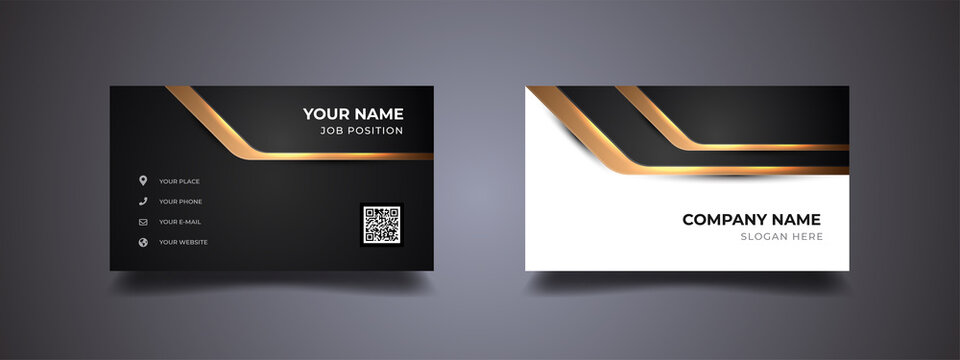 Modern business card with golden lines background. black and white design with a two-sided layout. Vector print template.