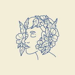 Modern abstract faces with flowers. Minimalism concept. Line art drawing style. Contemporary silhouette of woman. Hand drawn trendy vector posters, illustrations for print.