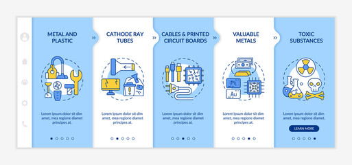 Electronic waste components onboarding vector template. Responsive mobile website with icons. Web page walkthrough 5 step screens. Printed circuit board, cables color concept with linear illustrations