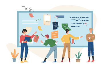 Office workers are studying the infographic analysis of the evolutionary scale