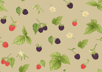 Blackberry. Ripe berries on branch. Seamless pattern, background. Graphic drawing, engraving style. Vector illustration on kraft color background..
