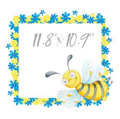 Watercolor floral frame and bee isolated on white background.