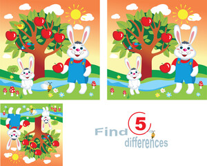 Rabbits in the summer by the river. Find five differences