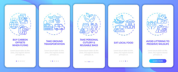 Sustainable tour tips onboarding mobile app page screen with concepts. Take personal cutlery walkthrough 5 steps graphic instructions. UI, UX, GUI vector template with linear color illustrations