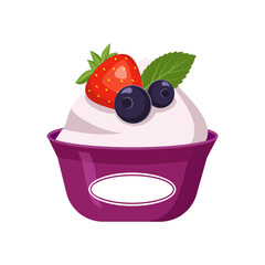 Yogurt icon in a plastic cup with berries. Delicious healthy breakfast or snack. Dairy products, a source of calcium