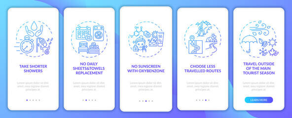 Sustainable tourism ideas onboarding mobile app page screen with concepts. No oxybenzone walkthrough 5 steps graphic instructions. UI, UX, GUI vector template with linear color illustrations