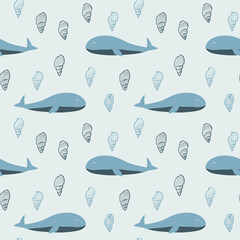 seamless pattern with whale. Print for fabric, packing paper. Shells. Marine theme. Print for fabric, packing paper. gray wallpaper with animals. ocean, sea. children's design. vecto eps 10