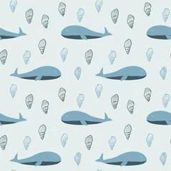 Keuken foto achterwand Oceaandieren naadloos patroon met walvis. Afdrukken voor stof, inpakpapier. Schelpen. Mariene thema. Afdrukken voor stof, inpakpapier. grijs behang met dieren. oceaan, zee. ontwerp voor kinderen. vecto eps 10