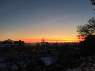 sunset over the river. City sunset, beautiful evening with colorful sky.  background wallpaper