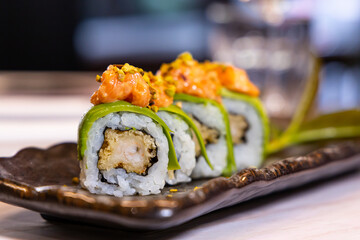 Close-up view of janapese food