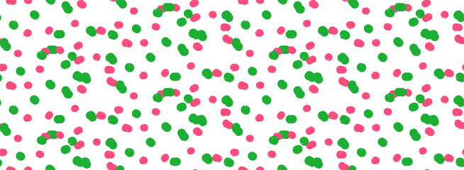 Seamless pattern with colored dots with polka dots. Pink-green ornament. Festive cheerful background. Multicolored circles on a white background. Boho models. Designer canvas. Abstract background.