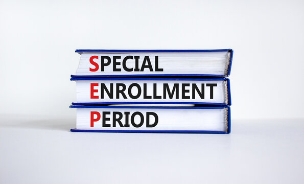 SEP, special enrollment period symbol. Books with words 'SEP, special enrollment period'. Beautiful white background, copy space. Business, medical and SEP, special enrollment period concept.