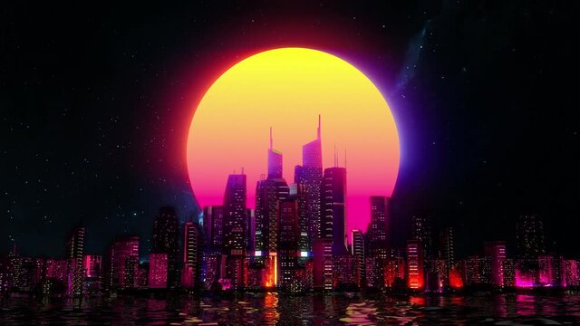 Synthwave city against large moon, pink and purple neon lights background, loop