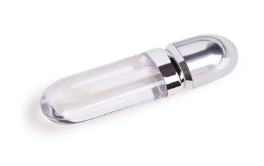 Tube of liquid transparent lipstick gloss with applicator isolated on white background with clipping path