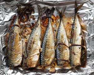 mackerel baked in foil. Fish cooked in the oven.