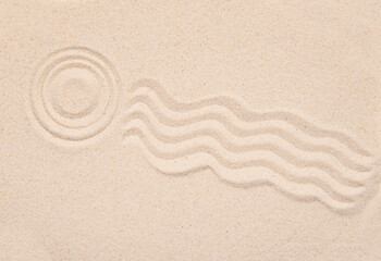 Fototapeta na wymiar Sandy texture, top view of tropical sand with abstract pattern, round and lines on the sand. Concept picture about zen, meditation, relaxation