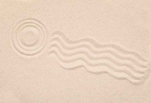 Sandy Texture, Top View Of Tropical Sand With Abstract Pattern, Round And Lines On The Sand. Concept Picture About Zen, Meditation, Relaxation