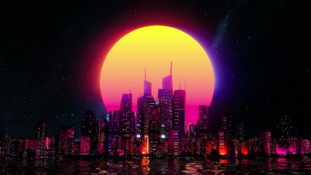 Beautiful night synthwave city, pink and purple neon lights, pixelated, loopable