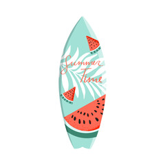 Vector hand drawn surfboard with print of watermelon, palm leaf and text summer time. Vector illustration for icon, logo, print, icon, card, cover, bags, case, invitation, emblem, label