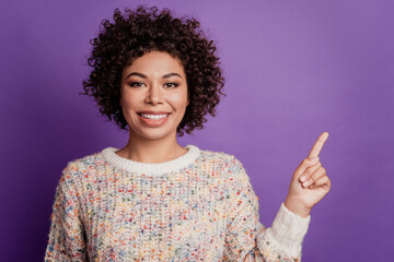 Portrait of young business woman pointing fingers empty space toothy smile promoting banner