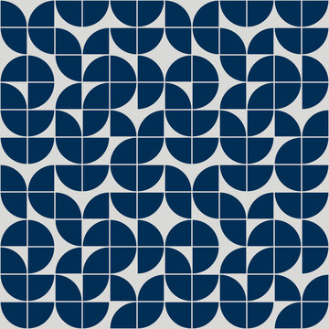 MOD Scandinavian Style Geometric Repeat Pattern. Abstract Geometric Nordic Minimalist Design With Dark Blue Indigo Motifs On Gray Background. Seamless Repeat For Home Décor, Textiles, Interior Design.