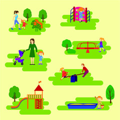 Naklejka premium Children playground. Swings, sandpit, sandbox, bench, tree, slide. Children playing on playground. Kids swinging and playing. vector art and illustration