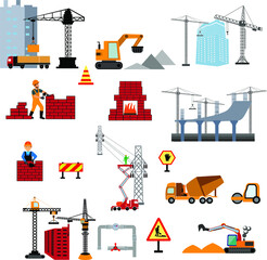 Under construction Building work process with construction machines. Vector illustration
