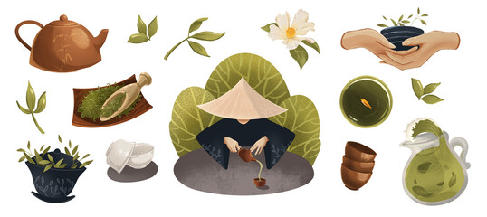 sticker green set of chinese tea ceremony, leaves, ware, teapot, pialas, flowers, tea master in a triangular hat and dark kimono, 2d illustration