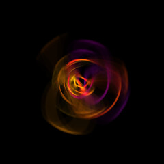 Spinning rays of light isolated on black background. Graphic 2D illustration of glowing colorful light particles in circular motion.