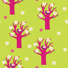 Flowering trees and birds. Seamless pattern.