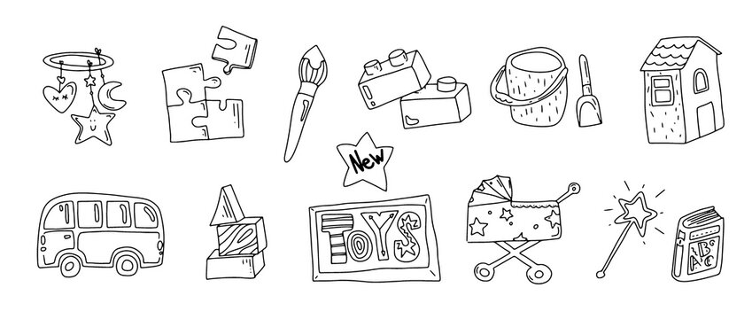 Toys doodle icons. Baby and kids toy. Icons for baby shop. type of toys. outline. 
