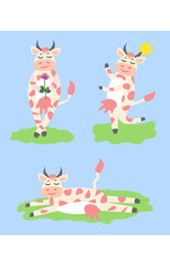 Cute happy cow with golden bell having fun, funny farm animal cartoon character