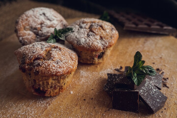Homemade muffins with chocolate and mint