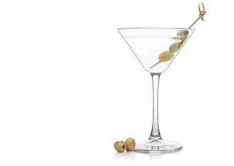 Vodka martini gin cocktail in classic glass with olives on bamboo stickwith fresh green olives on white background with reflection.