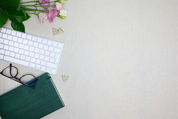 Working space flat lay mockup, desk view 