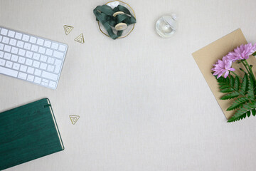 Working space flat lay mockup, desk view 