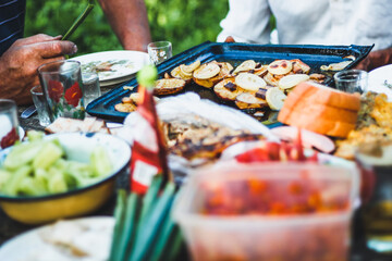 Group of friends eating dinner at barbecue party outdoor in nature - Friendship, summer and fun concept.