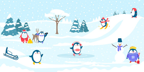 Christmas outdoor sport recreation, character penguin relax playground, xmas snow area flat vector illustration, natural landscape.