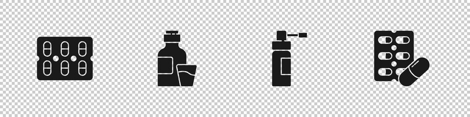 Set Pills in blister pack, Bottle of medicine syrup, with nozzle spray and icon. Vector