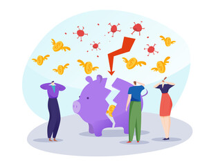 Coronavirus finance crisis, concept broken piggy bank, tiny character business team flat vector illustration, isolated on white.